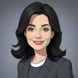 A high-definition cartoon of a cute, short, 35-year-old white female teacher with wavy long black hair