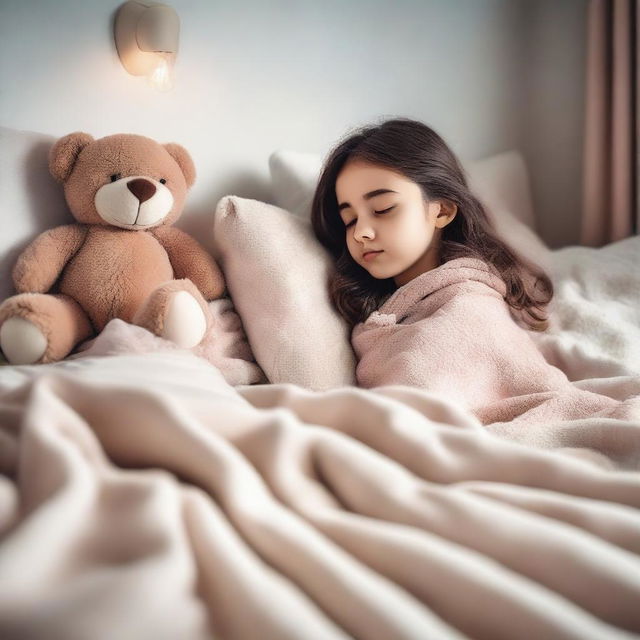 A young girl peacefully sleeping on a bed in a cozy, well-lit bedroom