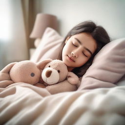 A young girl peacefully sleeping on a bed in a cozy, well-lit bedroom