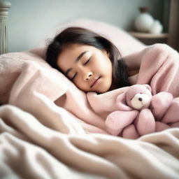 A young girl peacefully sleeping on a bed in a cozy, well-lit bedroom