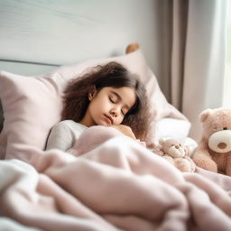 A young girl peacefully sleeping on a bed in a cozy, well-lit bedroom