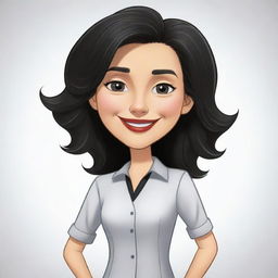 A high-definition cartoon of a cute, short, 35-year-old white female teacher with wavy long black hair