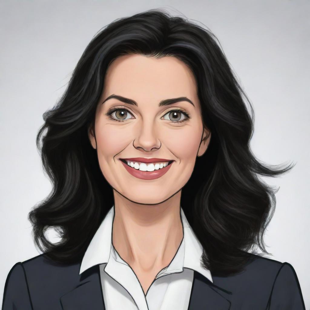 A high-definition cartoon of a cute, short, 35-year-old white female teacher with wavy long black hair