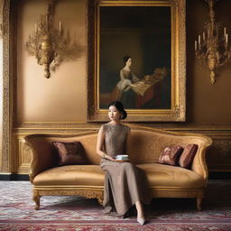 A forty-year-old woman sits elegantly on a luxurious sofa in a grand palace, sipping coffee