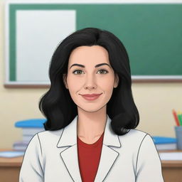 A high-definition cartoon of a cute, short, 35-year-old white female teacher with wavy long black hair