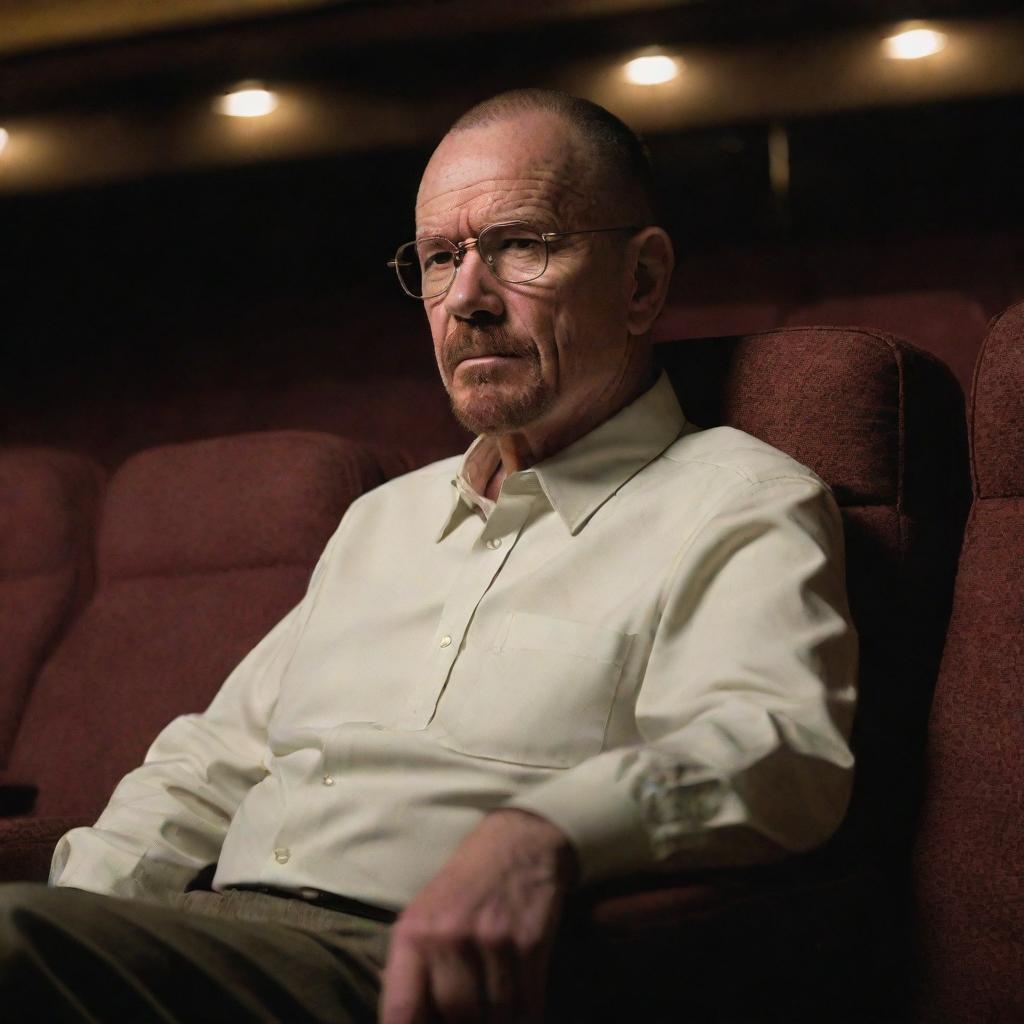 Walter White from Breaking Bad, seated comfortably in an opulent movie theater, engrossed in a captivating film, an intense look of concentration on his face.