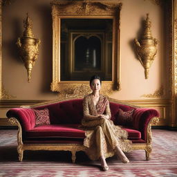 A forty-year-old woman sits elegantly on a luxurious sofa in a grand palace, sipping coffee