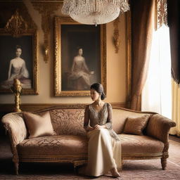 A forty-year-old woman sits elegantly on a luxurious sofa in a grand palace, sipping coffee