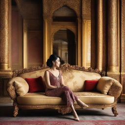 A forty-year-old woman sits elegantly on a luxurious sofa in a grand palace, sipping coffee