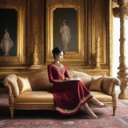 A forty-year-old woman sits elegantly on a luxurious sofa in a grand palace, sipping coffee