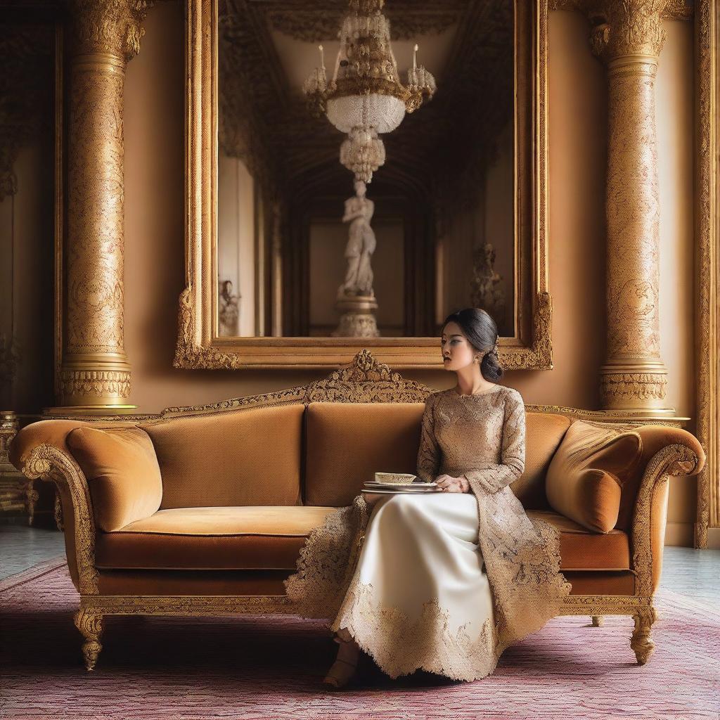 A forty-year-old woman sits elegantly on a luxurious sofa in a grand palace, sipping coffee