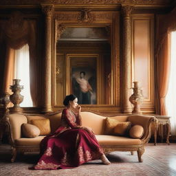 A forty-year-old woman sits elegantly on a luxurious sofa in a grand palace, sipping coffee