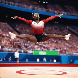 Simone Biles performing a gymnastics routine at the 2024 Olympics