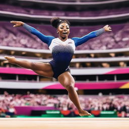 Simone Biles performing a gymnastics routine at the 2024 Olympics