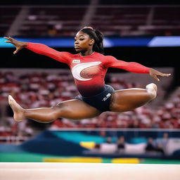 Simone Biles performing a gymnastics routine at the 2024 Olympics