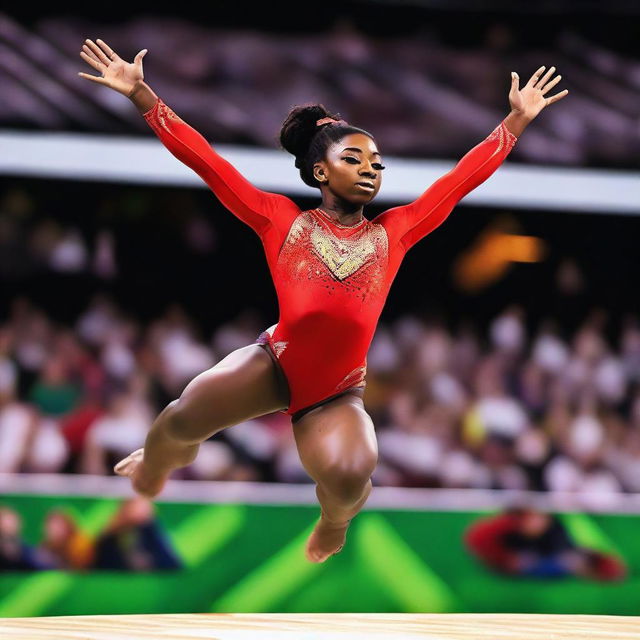 Simone Biles performing a gymnastics routine at the 2024 Olympics