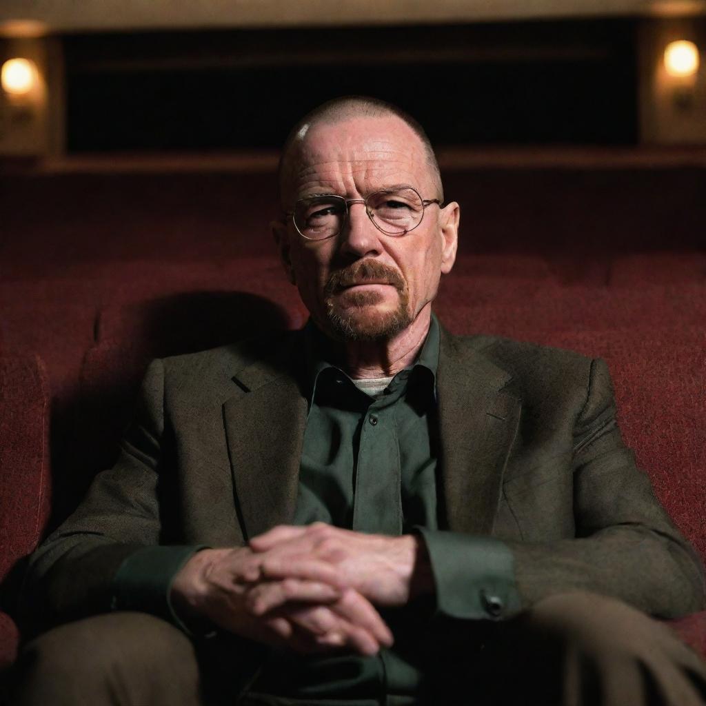 Walter White from Breaking Bad, seated comfortably in an opulent movie theater, engrossed in a captivating film, an intense look of concentration on his face.