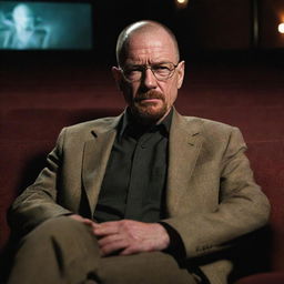 Walter White from Breaking Bad, seated comfortably in an opulent movie theater, engrossed in a captivating film, an intense look of concentration on his face.