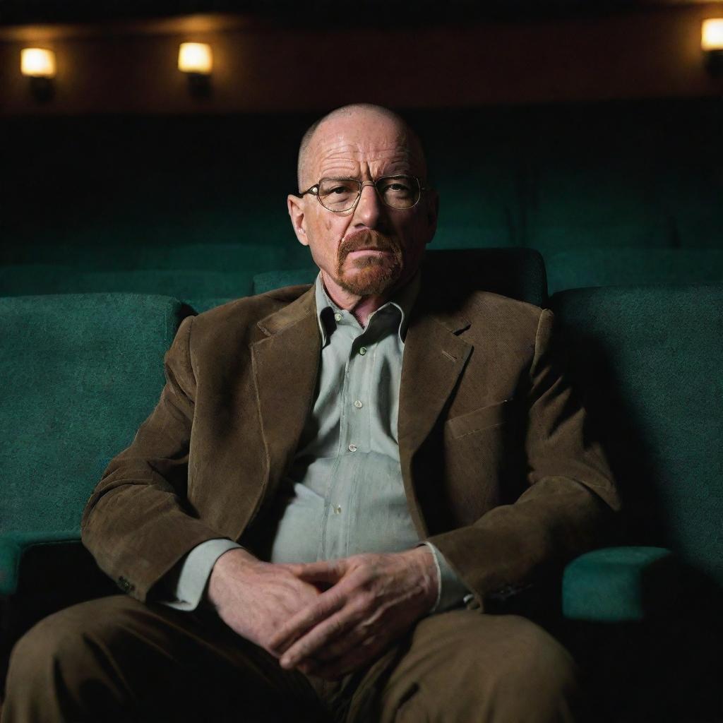 Walter White from Breaking Bad, seated comfortably in an opulent movie theater, engrossed in a captivating film, an intense look of concentration on his face.