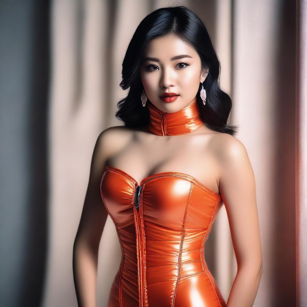 A beautiful Asian girl wearing a tight orange shiny puffer corset, posing confidently