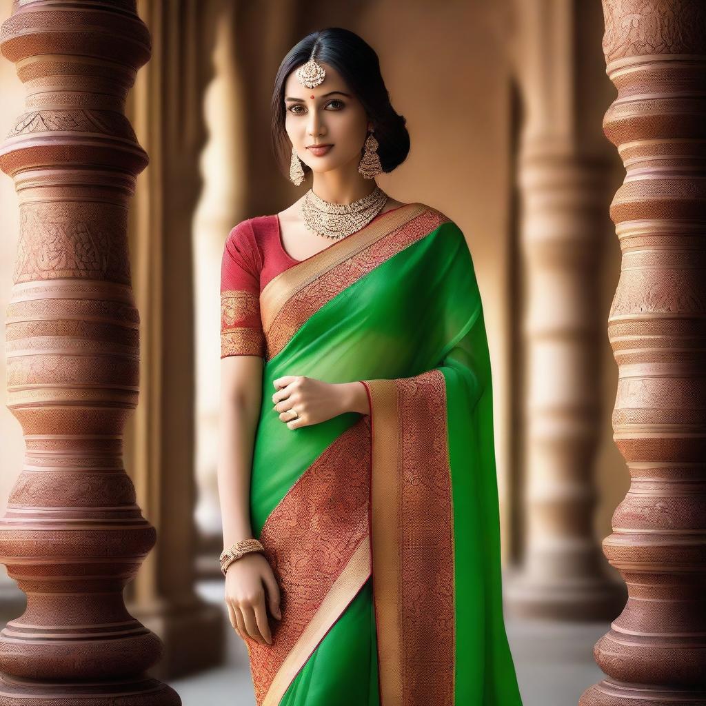 A beautiful woman wearing a traditional saree, showcasing her deep navel