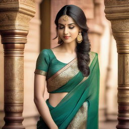 A beautiful woman wearing a traditional saree, showcasing her deep navel