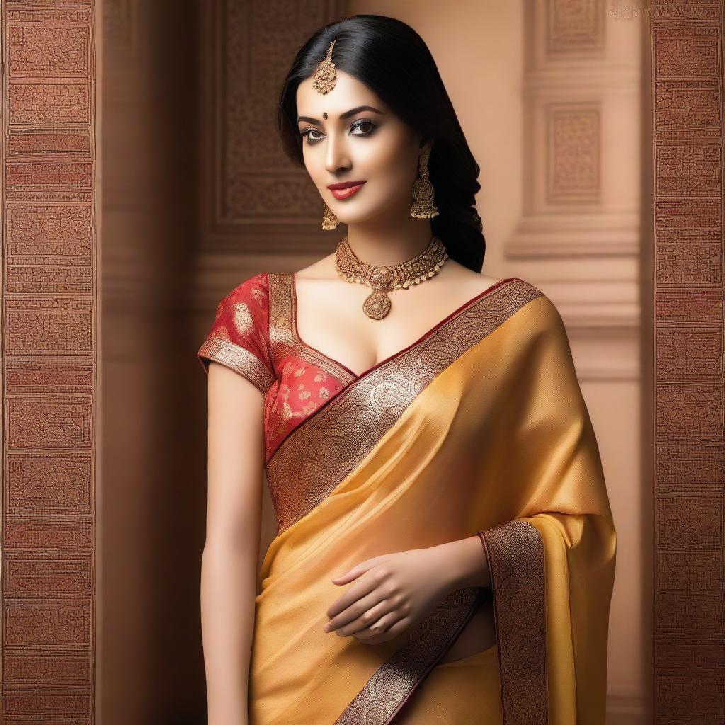 A beautiful woman wearing a traditional saree, showcasing her deep navel