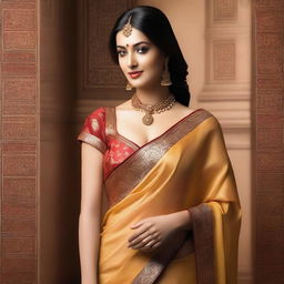 A beautiful woman wearing a traditional saree, showcasing her deep navel