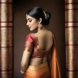 A beautiful woman wearing a traditional saree, showcasing her deep navel