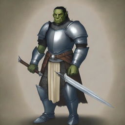 Create a detailed image of a half-orc paladin in heavy armor, wielding two swords—one white and one black