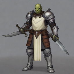 Create a detailed image of a half-orc paladin in heavy armor, wielding two swords—one white and one black