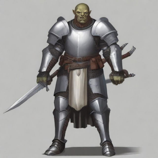 Create a detailed image of a half-orc paladin in heavy armor, wielding two swords—one white and one black