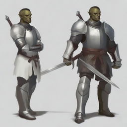 Create a detailed image of a half-orc paladin in heavy armor, wielding two swords—one white and one black