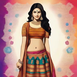 An Indian woman wearing a traditional blouse and skirt, showcasing her deep navel