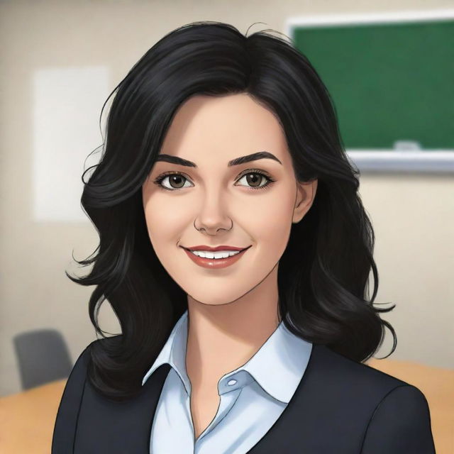 A high-definition cartoon of a cute, short, 25-year-old white female teacher with wavy long black hair