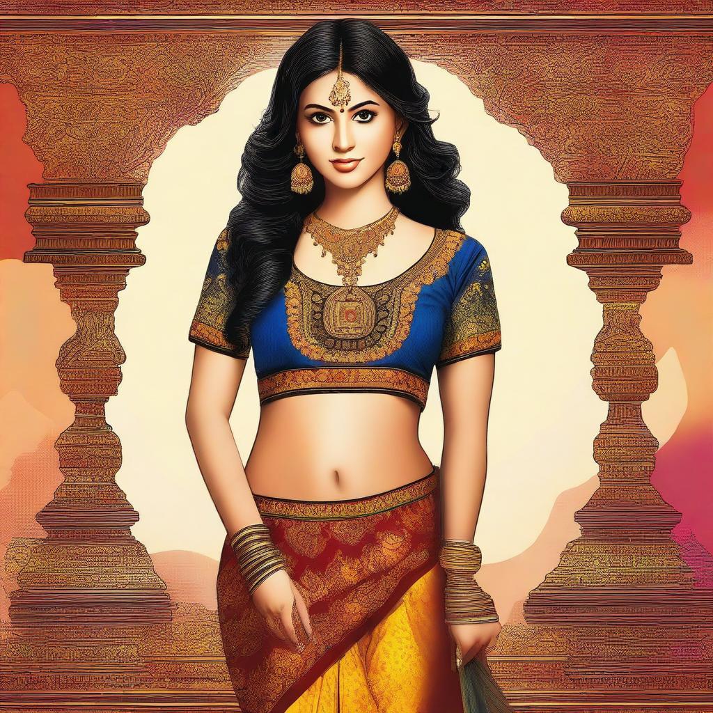 An Indian woman wearing a traditional blouse and skirt, showcasing her deep navel