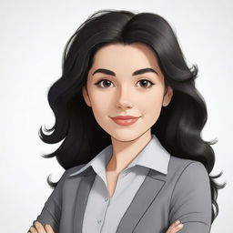 A high-definition cartoon of a cute, short, 25-year-old white female teacher with wavy long black hair