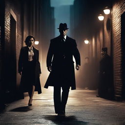 A dramatic scene featuring a confident mafia woman dressed in an elegant, dark outfit and a determined policeman in uniform