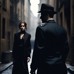 A dramatic scene featuring a confident mafia woman dressed in an elegant, dark outfit and a determined policeman in uniform