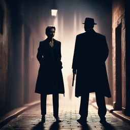 A dramatic scene featuring a confident mafia woman dressed in an elegant, dark outfit and a determined policeman in uniform