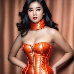 A beautiful Asian girl wearing a tight orange shiny puffer corset, posing confidently