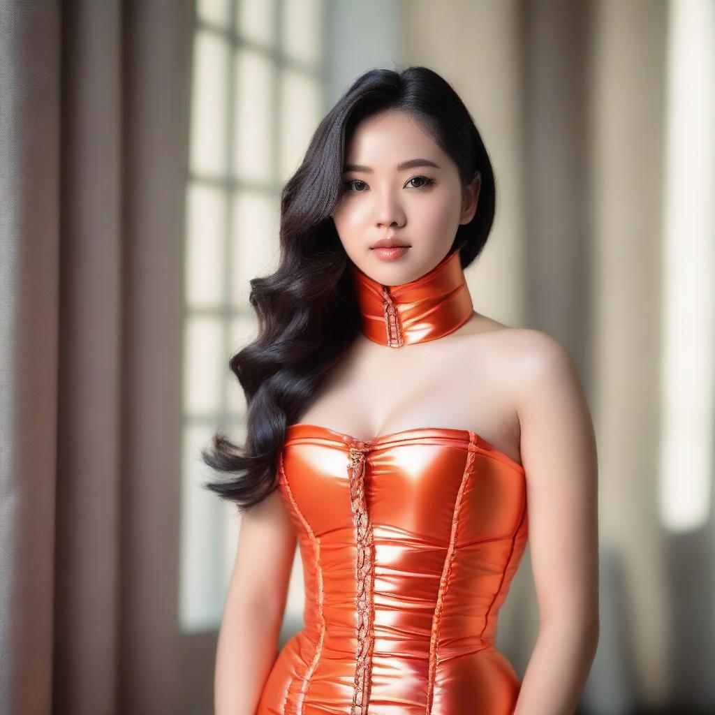 A beautiful Asian girl wearing a tight orange shiny puffer corset, posing confidently