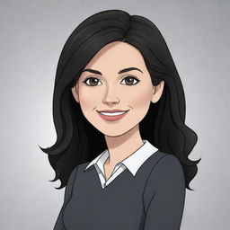 A high-definition cartoon of a cute, short, 25-year-old white female teacher with wavy long black hair