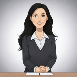 A high-definition cartoon of a cute, short, 25-year-old white female teacher with wavy long black hair