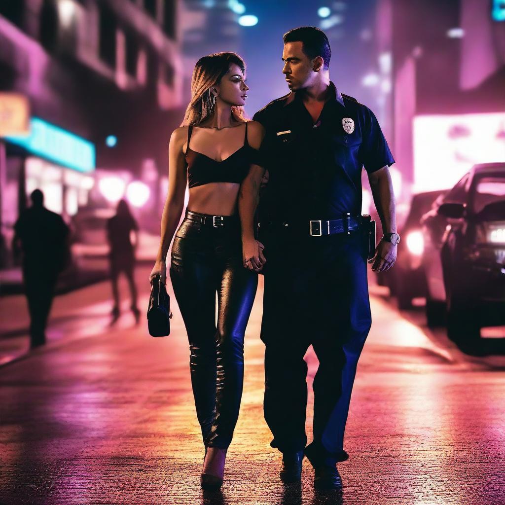 A modern-day police officer and a mafia member in a romantic embrace on the streets of Los Angeles