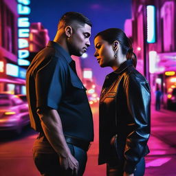 A modern-day police officer and a mafia member in a romantic embrace on the streets of Los Angeles