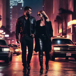 A modern-day police officer and a mafia member in a romantic embrace on the streets of Los Angeles