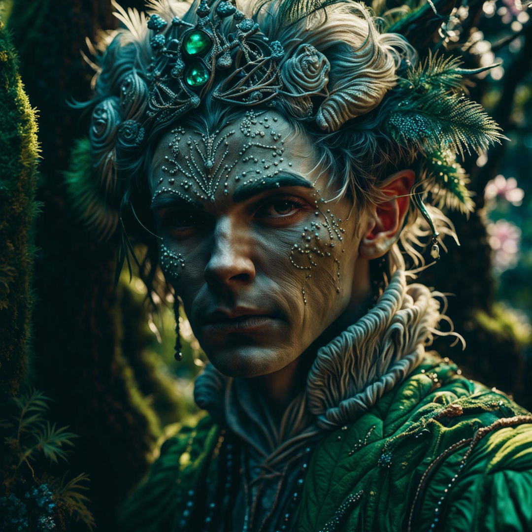 Hyper-realistic 3D rococo photograph of a different Russian elf man in a mystical forest, with an intense close-up of his intricately detailed face. The image is high definition, with immaculate composition and lighting, exuding fantasy and spirit vibes.