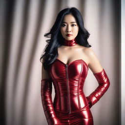 A beautiful Asian girl wearing a tight red shiny puffer corset, posing confidently