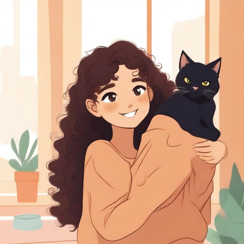 A light brown-skinned girl with a black cat sitting on her shoulder